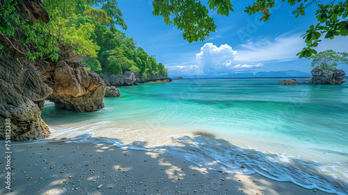 A breathtaking view of an exotic beach destination, with crystal clear waters and white sandy beaches. Beach background.
