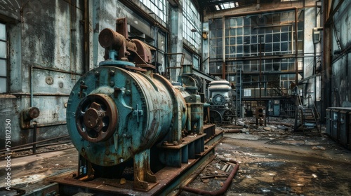 Abandoned factory with industrial machinery background