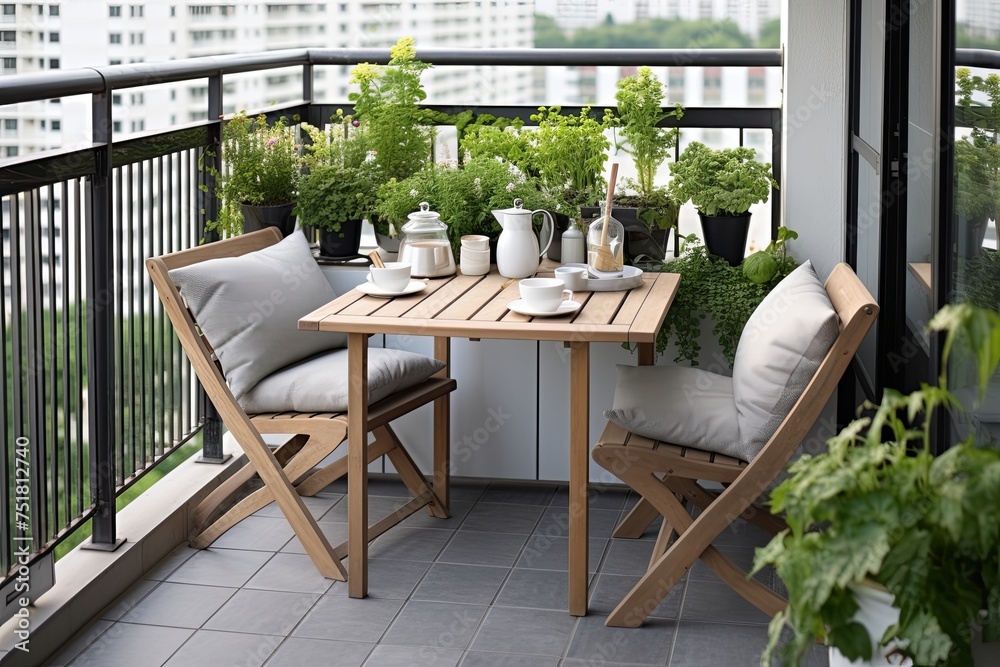 Minimalist Urban Garden Balcony: Solid Slab Table and Serene Plant Arrangements Inspiration