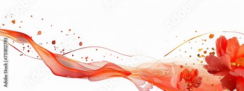 Abstract marbled ink liquid fluid watercolor painting texture banner illustration - Soft red pink petals. blossom flower flowers swirls gold painted lines. isolated on white background. 