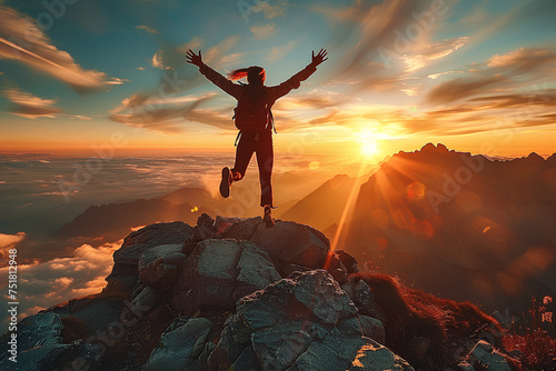 Successful woman joy when reaches to her objective. Woman jump on top of the mountain with arms open to a welcoming new day with sunrise