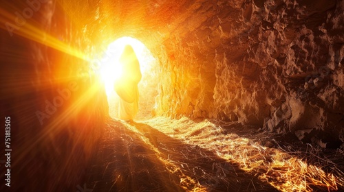 An uplifting image of Jesus Christ's resurrection, emerging from the tomb with radiant light, symbolizing new life. photo