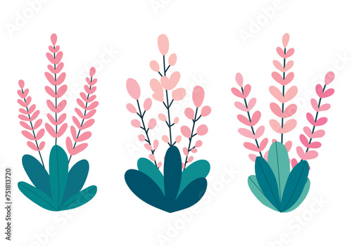 Heather flowers set isolated on white background. Flat style