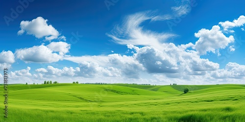 Beautiful grassy fields and summer blue sky with fluffy white clouds in the wind. Wide format. © Svitlana