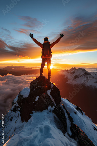 person standing on top of mountain peak celebrating holding up arms looking at sunrise or sunset, success