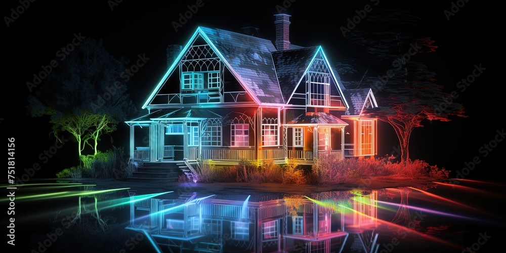 House hologram, Holographic projection of cottage in neon colors - obrazy, fototapety, plakaty 