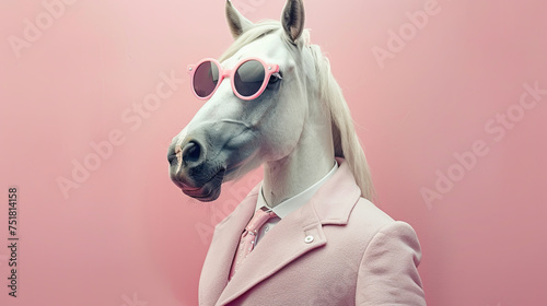 boss horse wearing business coat, tie, shirt and glasses , pastel background , can be used for cards, business, banners, posters	

