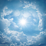 Clouds in the sky, sky background. View of the sky and the sun. Background on the theme of religion, paradise, freedom, weather, etc.
