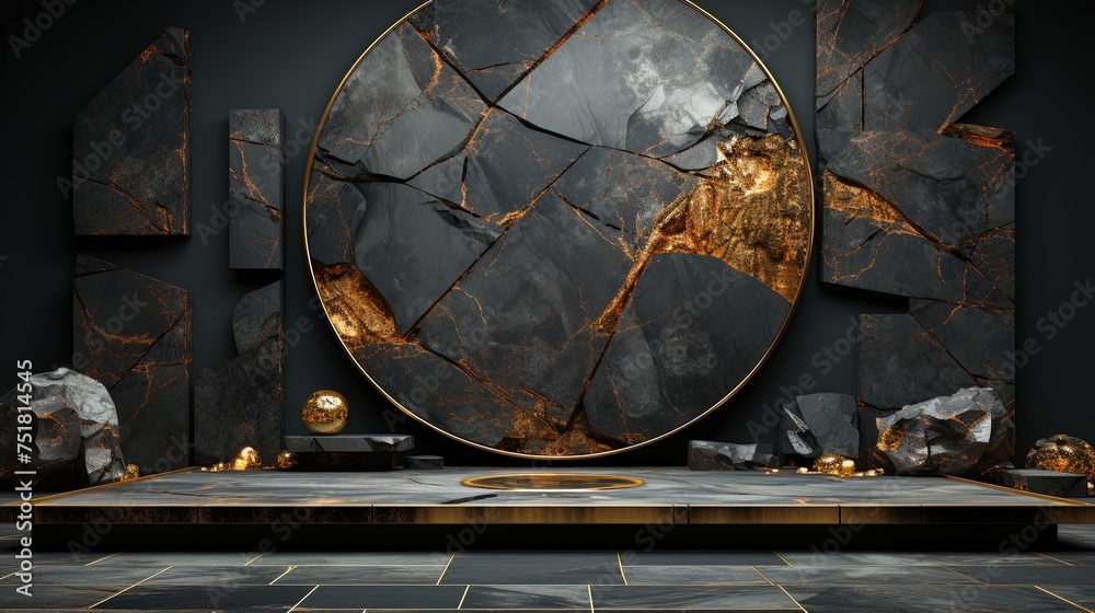 Black AND GOLD geometric Stone and Rock shape background, minimalist mockup for podium display or showcase