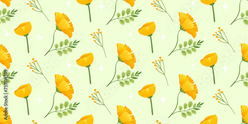 Horizontal background with yellow flowers. Seamless floral pattern. Yellow flowers of Echscholtzia. California golden poppy. Vector illustration.
