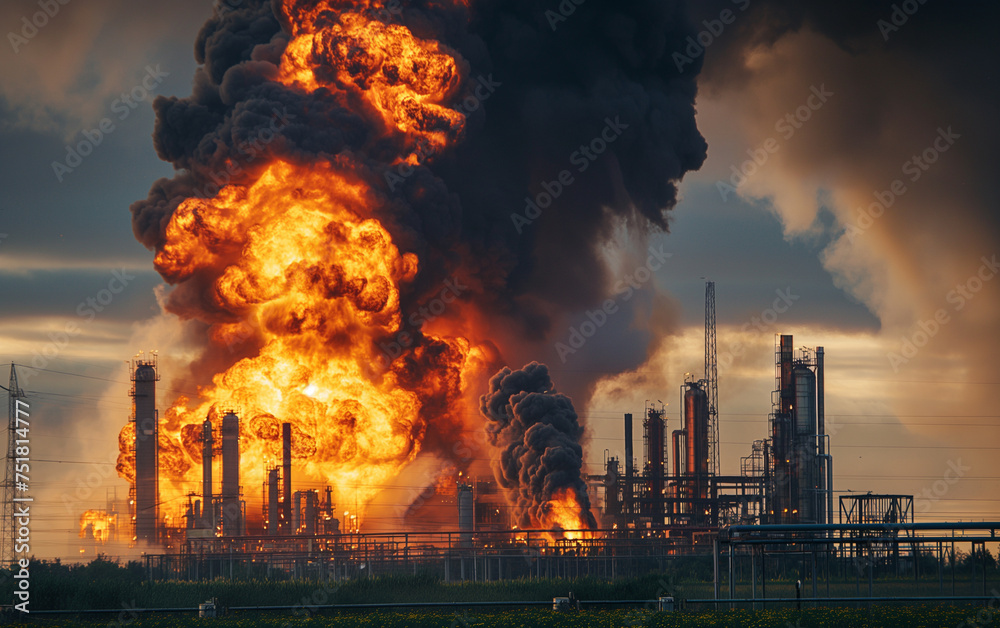 Major fire at an industrial oil refinery. 