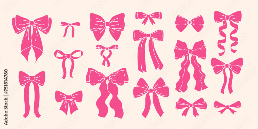 Set pink bows and ribbons for hair. Flat vector illustrations set. Trendy bow for presents wrapping. Gift birthday xmas sale decor. Cute vintage hairstyle elements collection - obrazy, fototapety, plakaty 