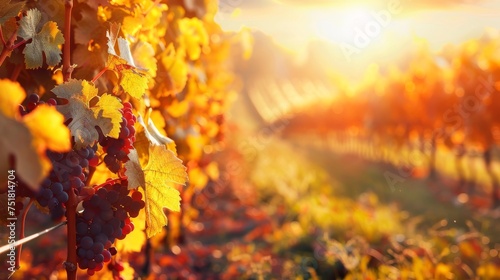 Autumn vineyard landscape at sunset background