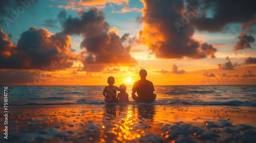 Man and Two Children Watching Sunset on Beach