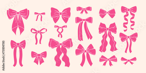 Set pink bows and ribbons for hair. Flat vector illustrations set. Trendy bow for presents wrapping. Gift birthday xmas sale decor. Cute vintage hairstyle elements collection photo
