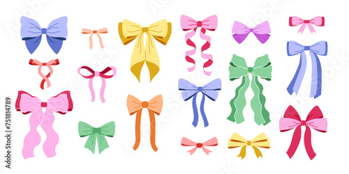 Set bows and ribbons for hair. Flat vector illustrations set. Trendy multicolor bow for presents. Cute vintage hairstyle elements collection