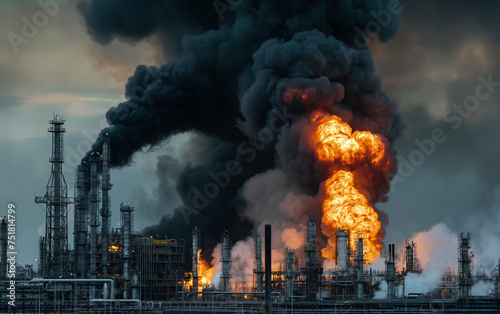 Major fire at an industrial oil refinery. Powerful explosion and black smoke.
