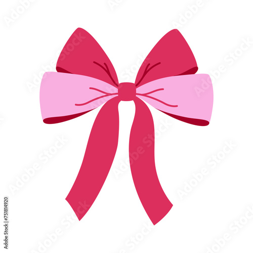 Pink ribbon for hair. Flat vector illustration. Trendy bow for presents wrapping. Gift birthday sale decor. Cute vintage hairstyle element