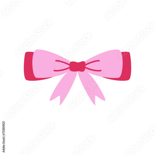 Pink ribbon for hair. Flat vector illustration. Trendy bow for presents wrapping. Gift birthday sale decor. Cute vintage hairstyle element