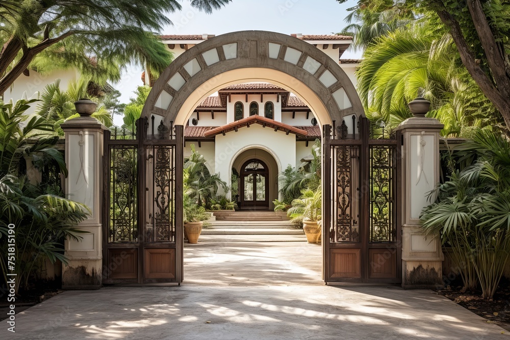 Villa of Elegance: Ornate Ironwork Structures and Arched Doors, Gates Welcoming Guests