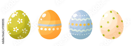 Set of painted Easter colorful eggs. Vector illustration of decorative eggs for Happy Easter, with floral pattern, stripes, polka dots. Clipart for holiday cards, posters, banners.