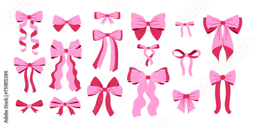 Set pink bows and ribbons for hair. Flat vector illustrations set. Trendy bow for presents wrapping. Gift birthday xmas sale decor. Cute vintage hairstyle elements collection