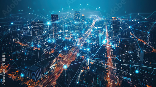 Smart city and abstract dot point connect with line design, digital blue and yellow light web connection wires with antennas on night megapolis city background
