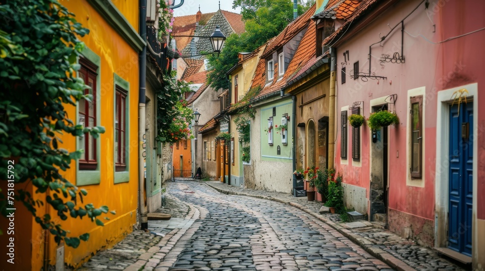 Charming cobblestone street with old town houses background