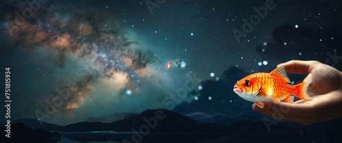 Expert hand of glod fish  Business or ecology concept  In the background is the Milky Way galaxy. Stylish in the style of double exposure