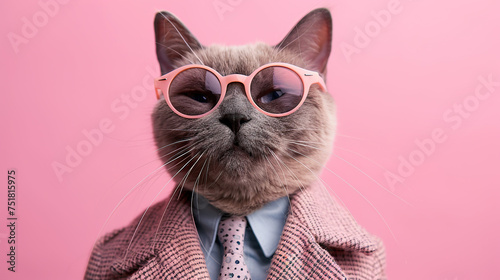 boss cat wearing business coat, tie, shirt and glasses , pink background , can be used for cards, business, banners, posters	
 photo