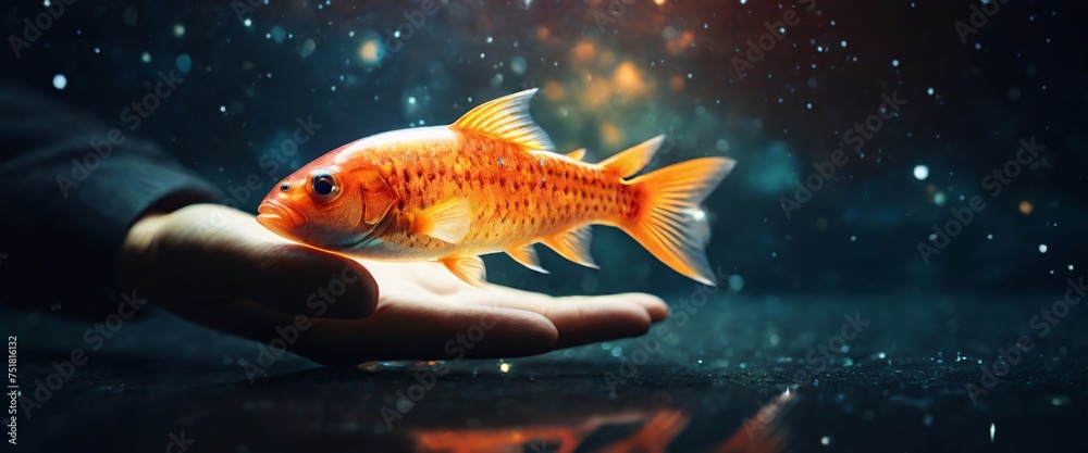 Expert hand of glod fish, Business or ecology concept, In the background is the Milky Way galaxy. Stylish in the style of double exposure