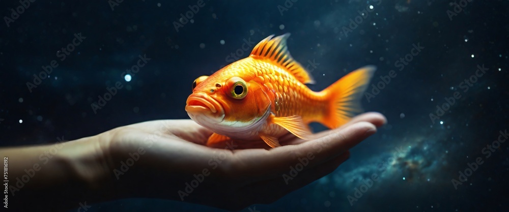 Expert hand of glod fish, Business or ecology concept, In the background is the Milky Way galaxy. Stylish in the style of double exposure Expert hand of glod fish, Business or ecology concept, In the background is the Milky Way galaxy. Stylish in the style of double exposure