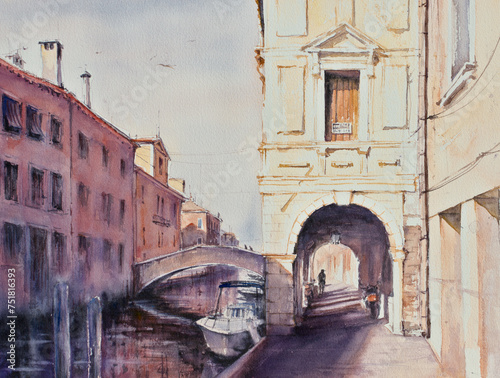 Canal at the old town of Chioggia - Italy Europe. Picture created with watercolors