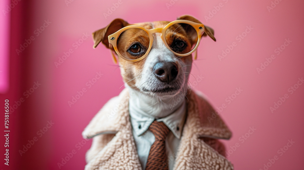 boss dog wearing coat, tie, shirt and glasses pastel background 