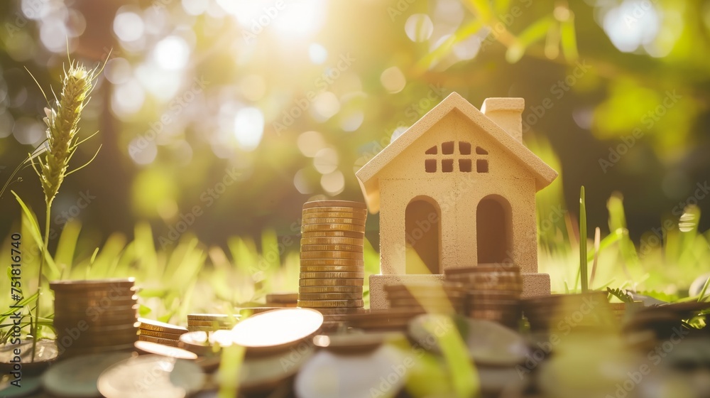 a house model sitting on top of a pile of coins in the grass a house model sitting on top of a pile of coins in the grass