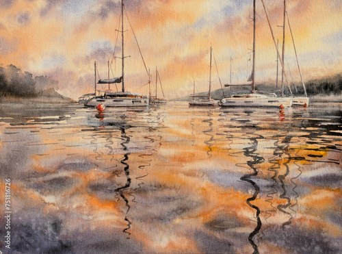 Watercolors painting of colorful sky reflecting in bay water . Sailboats and mountains in background.