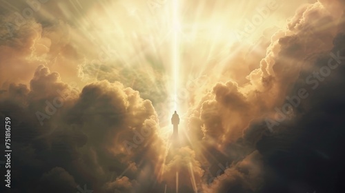 Conceptual digital art of the Ascension of Jesus Christ, with beams of light lifting him into a cloud-filled sky.