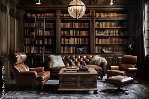 Vintage Library Charm: Metal and Leather Seating, Antique Wood Cabinetry, Classic Lighting Glory
