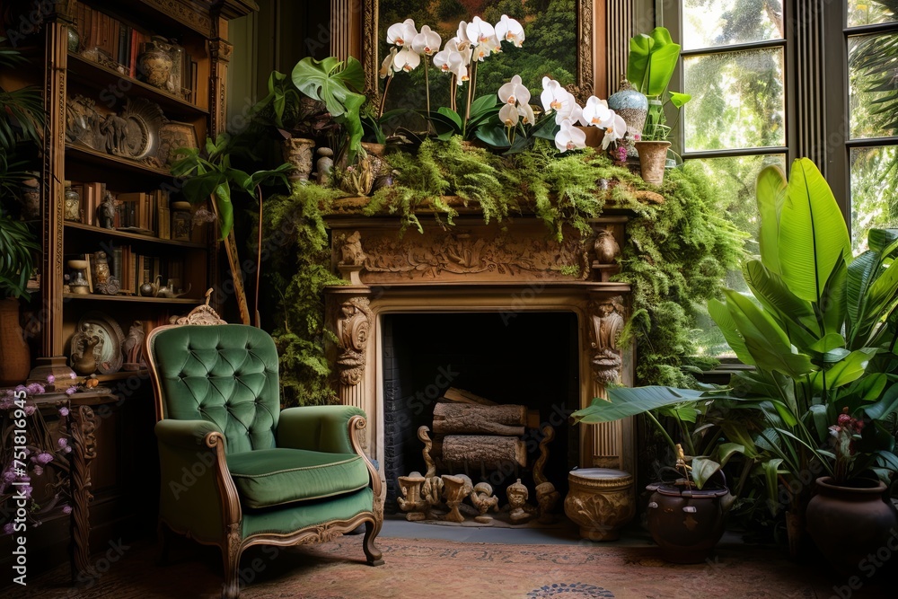 Vintage Room: Fern and Orchid Displays, Classic Furniture, Fireplace Ambiance