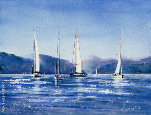 Summer landscape, sea, sailboats and mountains in background. The picture was painted by hand with watercolors. 