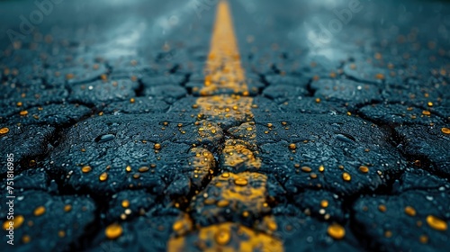 Raindrops glisten on a dark asphalt road with a yellow dividing line
