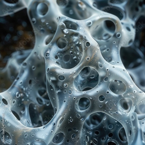 Close-up of a grey organic microstructure with water droplets