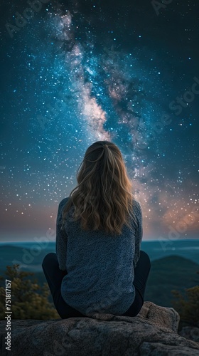 Woman sitting on a rock, contemplating the starry night sky