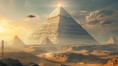 Futuristic pyramids under a golden sky with alien spaceships hovering above a desert