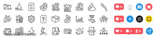 Unknown file, Wireless charging and Return package line icons pack. Social media icons. Rise price, Battery, Chemistry pipette web icon. Like, Office box, Algorithm pictogram. Vector photo