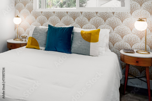 Modern bedroom with scale mosaic tile wallpaper