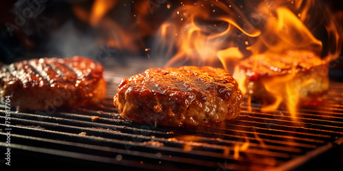 A patty being grilled with open fire closeup