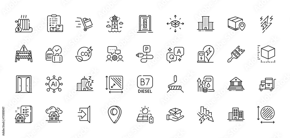 Property agency, Saving electricity and Co2 gas line icons pack. AI, Question and Answer, Map pin icons. Night city, Circle area, Parcel tracking web icon. Vector
