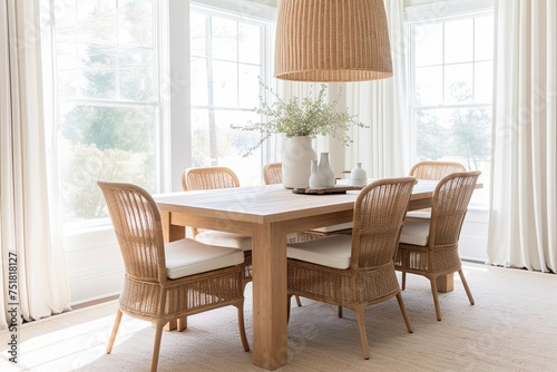 Coastal Dining Room Elegance  Warm Neutral Tones and Rattan Chairs mingling with White Curtains