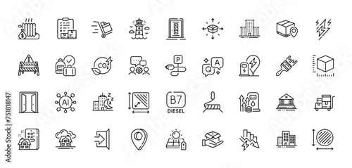 Property agency, Saving electricity and Co2 gas line icons pack. AI, Question and Answer, Map pin icons. Night city, Circle area, Parcel tracking web icon. Vector